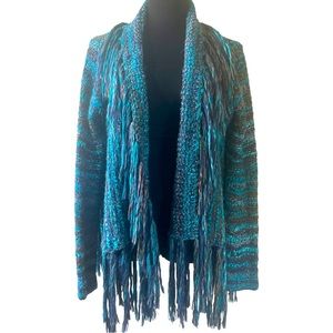 FREE PEOPLE Birkenstock Sweater Turquoise Multi Boho Fringe Cozy Warm Statement